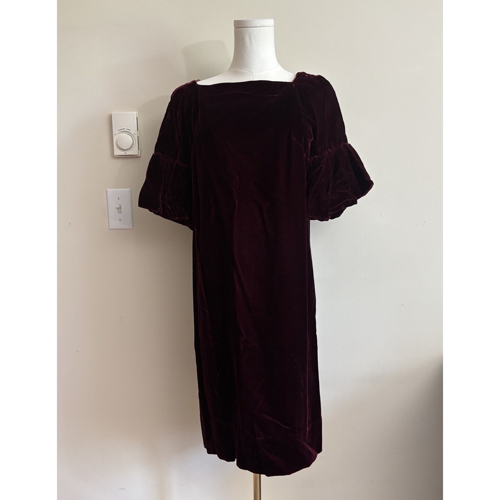 Vintage 1970s Whimsigoth Red Velvet‎ Dress Puff Sleeve Sears Fashions Med *Flaw